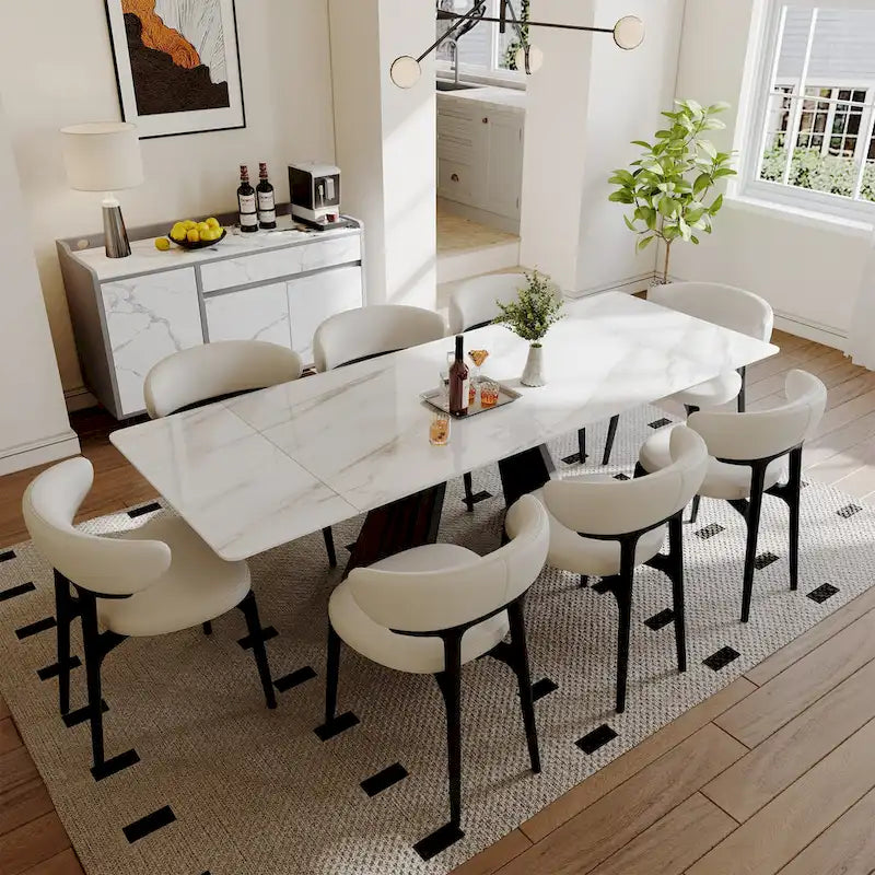 Table à manger moderne extensible de 160 à 240 cm pour 6 à 10 personnes, plateau en pierre frittée blanche brillante