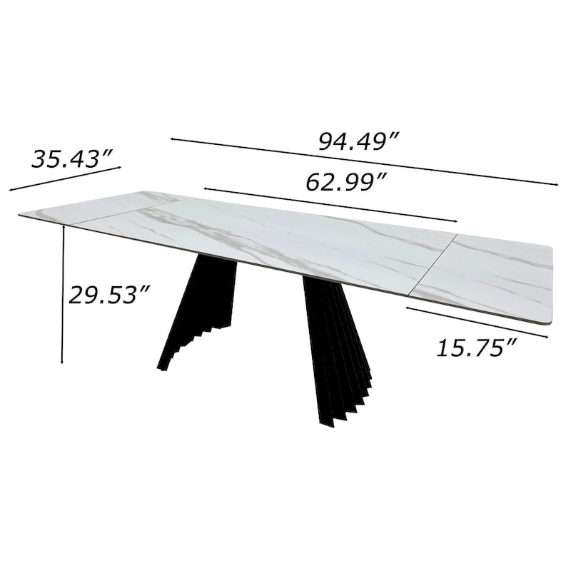 Table à manger moderne extensible de 160 à 240 cm pour 6 à 10 personnes, plateau en pierre frittée blanche brillante