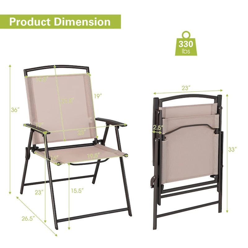 2 chaises de salle à manger pliantes de patio en textilène avec accoudoirs et cadre en acier