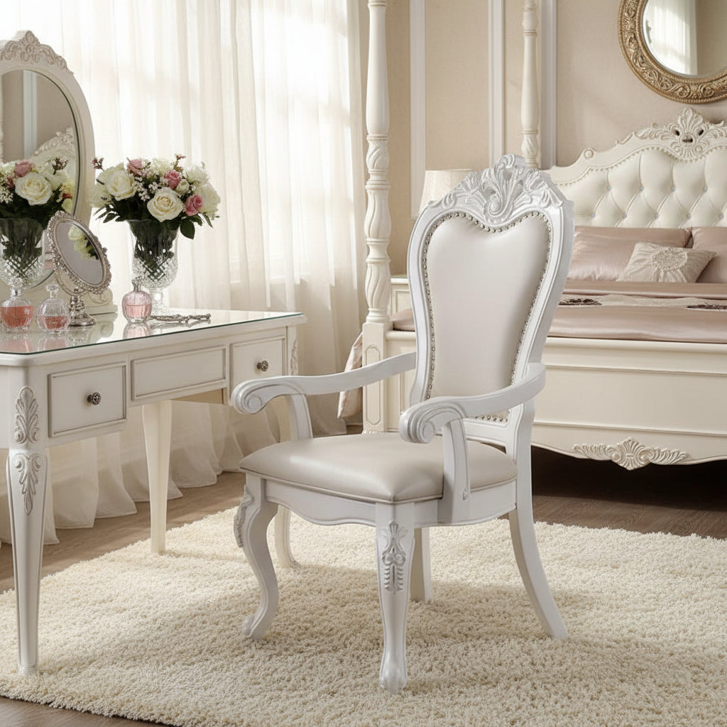 Zenie Dining Armchair Set of 2, Carved Cabriole, Faux Leather, White Wood