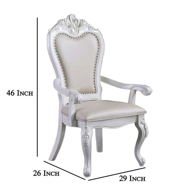 Ensemble de 2 fauteuils de salle à manger, pieds cabriolets sculptés, similicuir, bois blanc