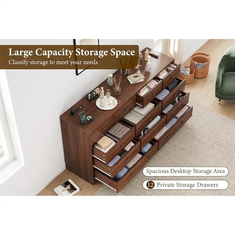 Commode à 12 tiroirs pour chambre à coucher, commode en bois de 155 cm avec prise de courant