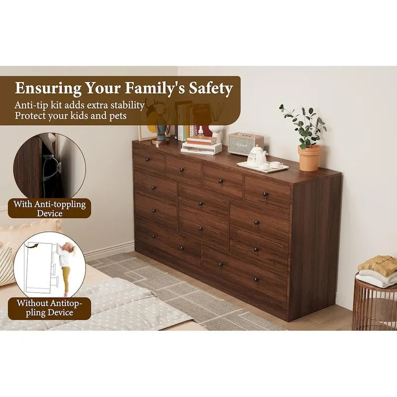 Commode à 12 tiroirs pour chambre à coucher, commode en bois de 155 cm avec prise de courant