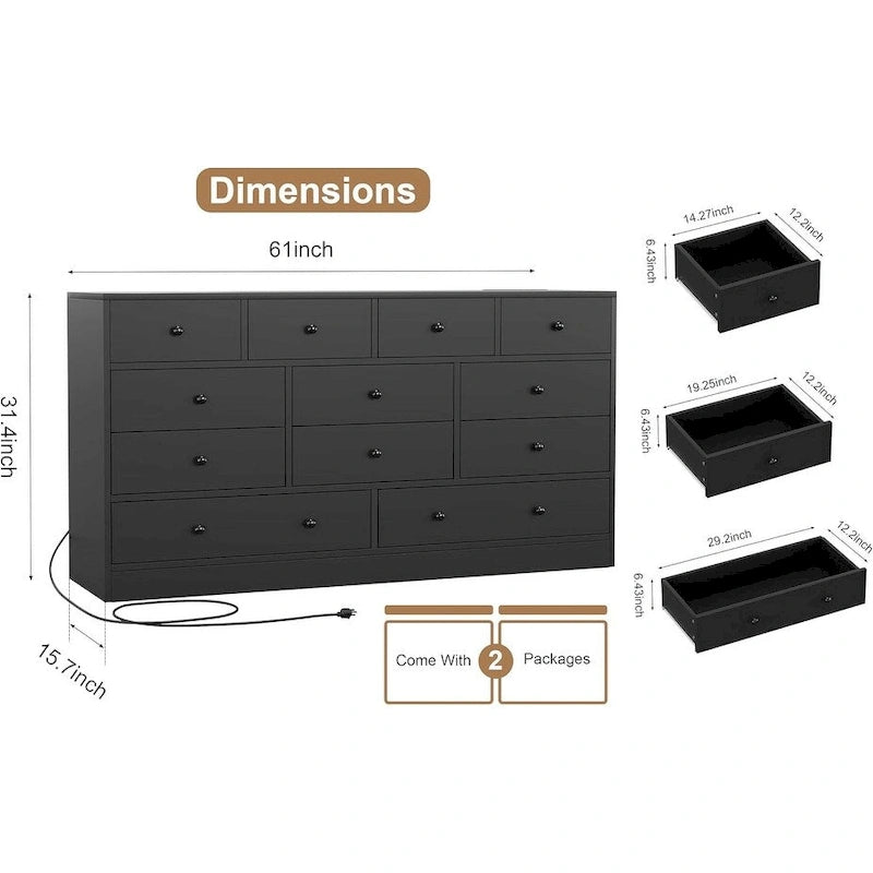 Commode à 12 tiroirs pour chambre à coucher, commode en bois de 155 cm avec prise de courant