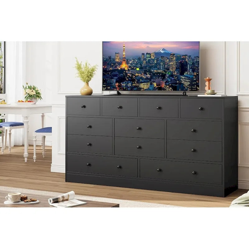 Commode à 12 tiroirs pour chambre à coucher, commode en bois de 155 cm avec prise de courant