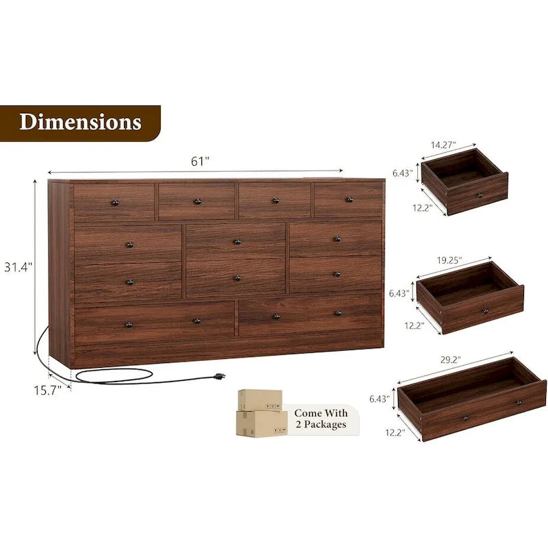 Commode à 12 tiroirs pour chambre à coucher, commode en bois de 155 cm avec prise de courant