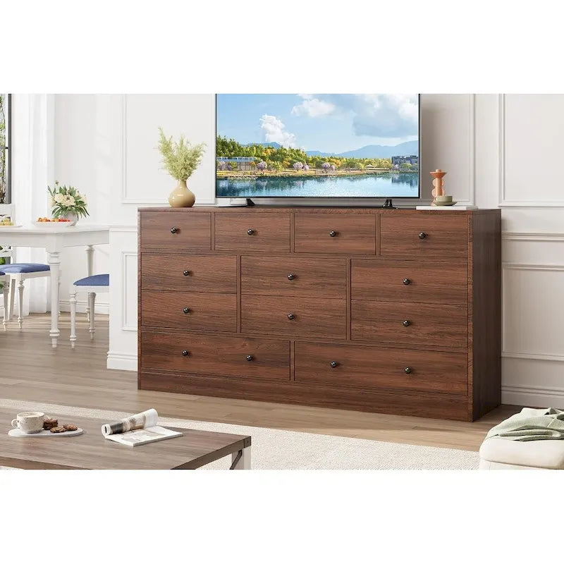 Commode à 12 tiroirs pour chambre à coucher, commode en bois de 155 cm avec prise de courant