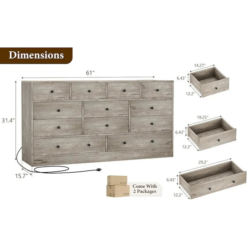 Commode à 12 tiroirs pour chambre à coucher, commode en bois de 155 cm avec prise de courant
