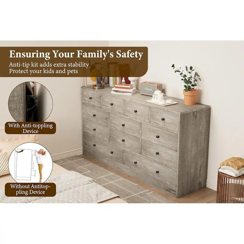 Commode à 12 tiroirs pour chambre à coucher, commode en bois de 155 cm avec prise de courant