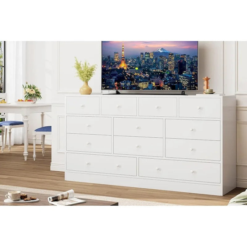 Commode à 12 tiroirs pour chambre à coucher, commode en bois de 155 cm avec prise de courant