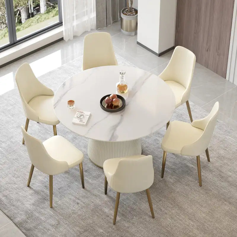 Table à manger ronde sur pied en PU, imitation marbre