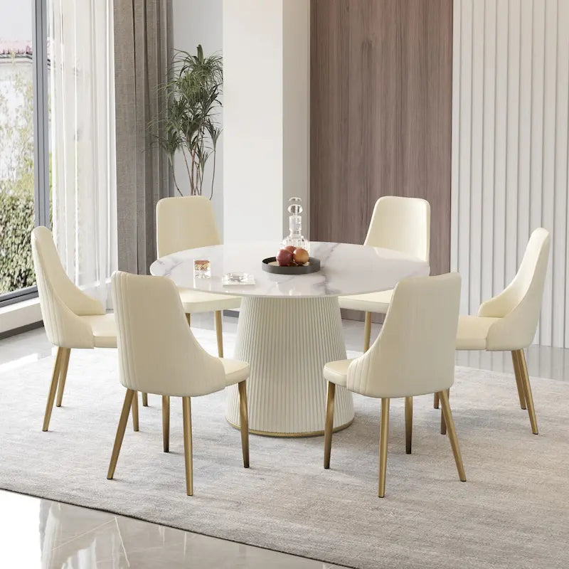 Table à manger ronde sur pied en PU, imitation marbre