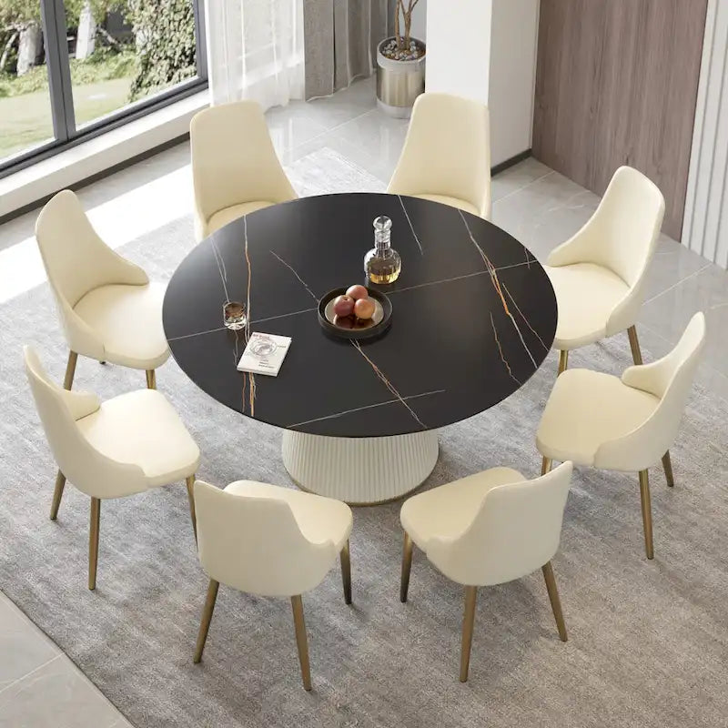 Table à manger ronde sur pied en PU, imitation marbre