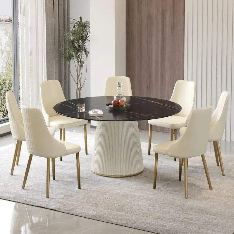 Table à manger ronde sur pied en PU, imitation marbre