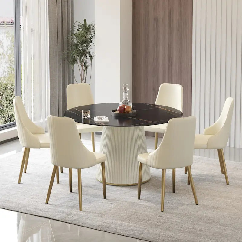 Table à manger ronde sur pied en PU, imitation marbre