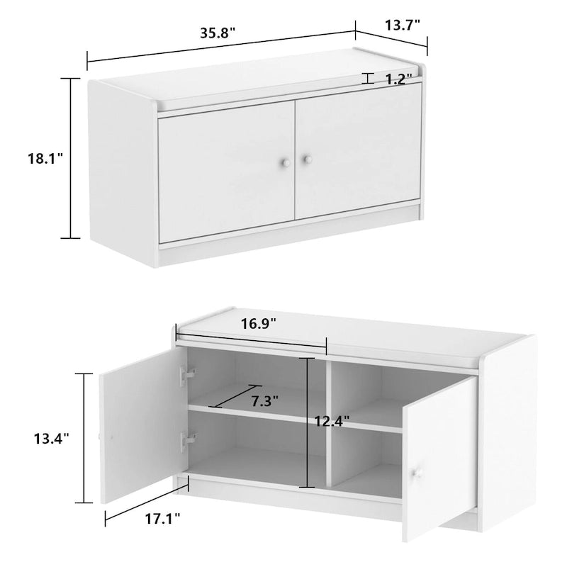 Banc de rangement pour chaussures d'entrée avec 2 portes et coussin d'assise rembourré