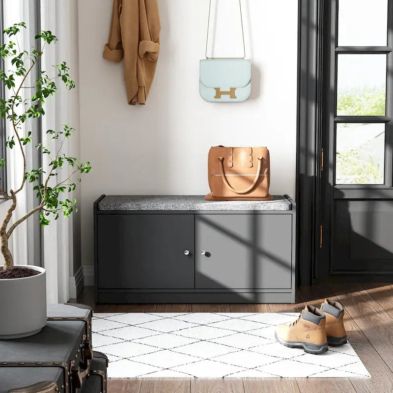 Banc de rangement pour chaussures d'entrée avec 2 portes et coussin d'assise rembourré