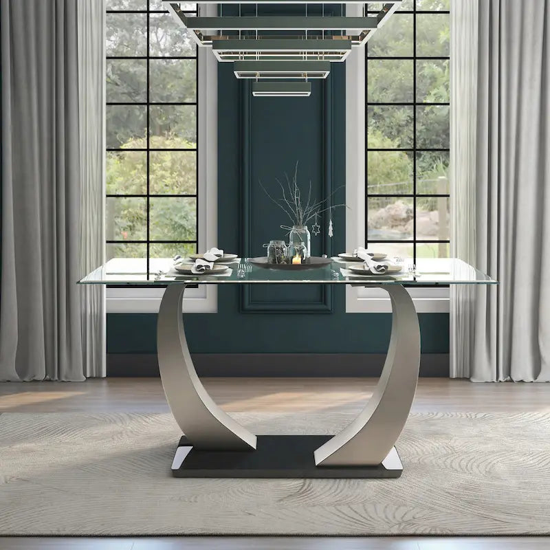 Table à manger moderne Silvertone de 60 pouces avec plateau en verre