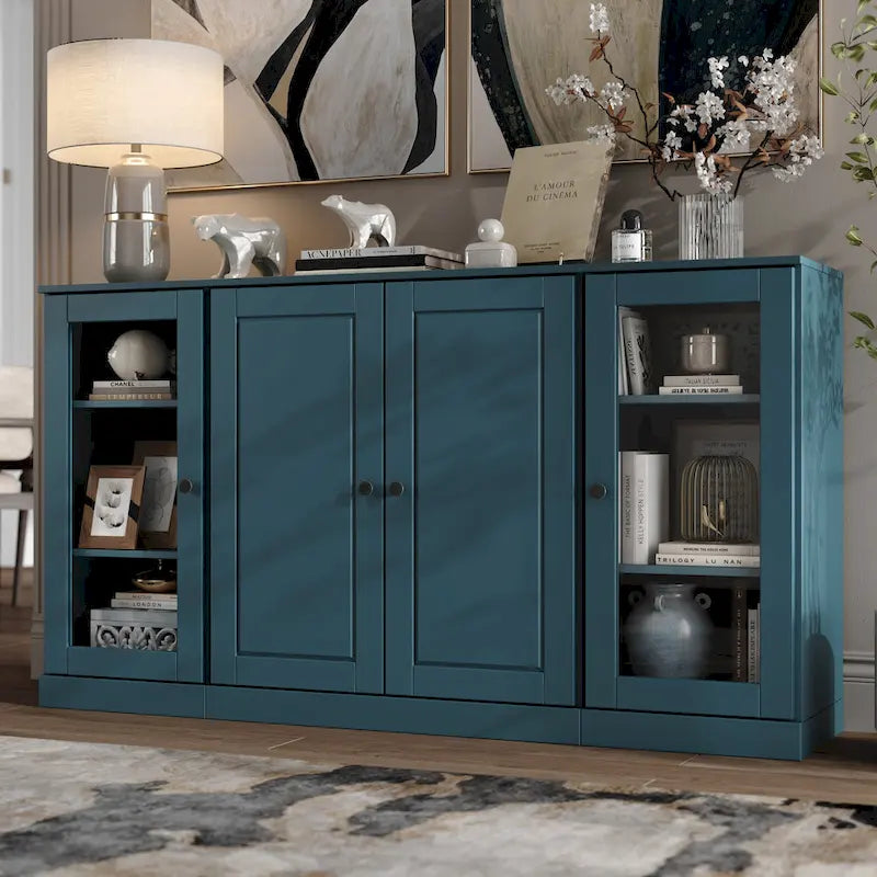 Buffet de 65 po en bois massif à 100 % avec portes en verre transparent, en verre dépoli ou en bois massif par