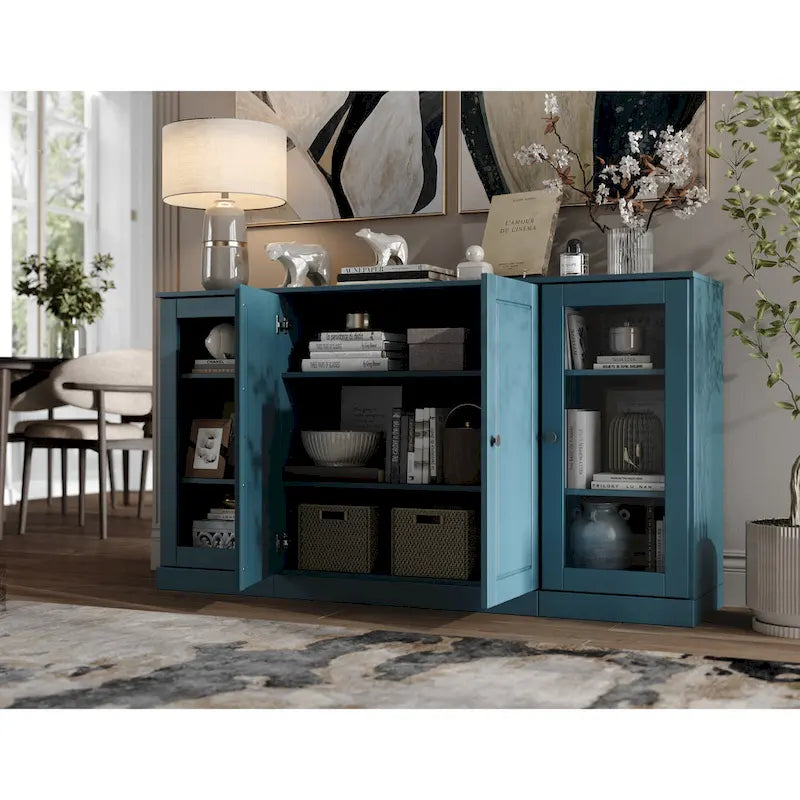 Buffet de 65 po en bois massif à 100 % avec portes en verre transparent, en verre dépoli ou en bois massif par
