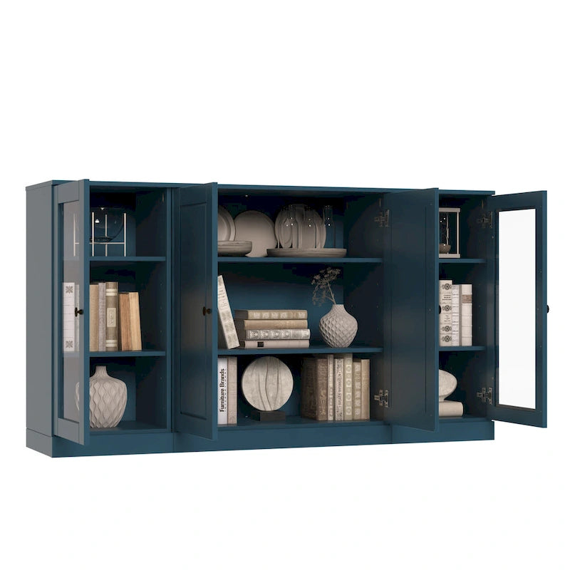 Buffet de 65 po en bois massif à 100 % avec portes en verre transparent, en verre dépoli ou en bois massif par