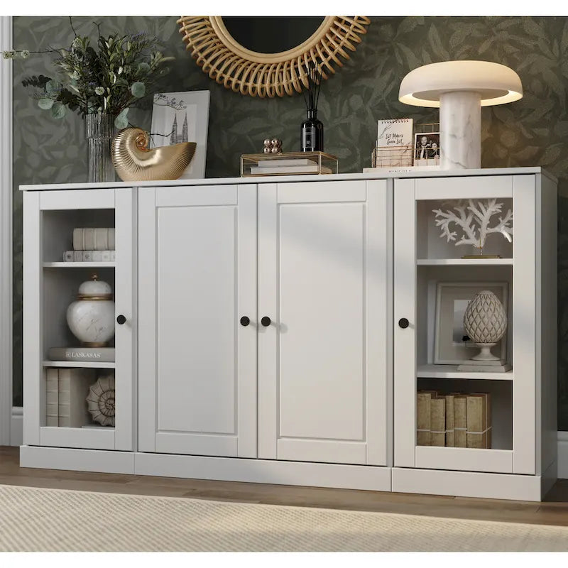 Buffet de 65 po en bois massif à 100 % avec portes en verre transparent, en verre dépoli ou en bois massif par