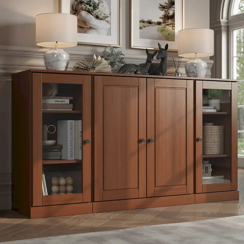 Buffet de 65 po en bois massif à 100 % avec portes en verre transparent, en verre dépoli ou en bois massif par