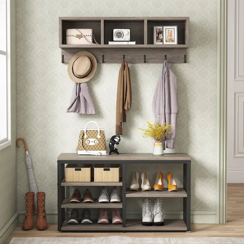 Meuble d'entrée avec porte-manteaux et banc à chaussures, Arbre à chaussures industriel avec porte-manteaux