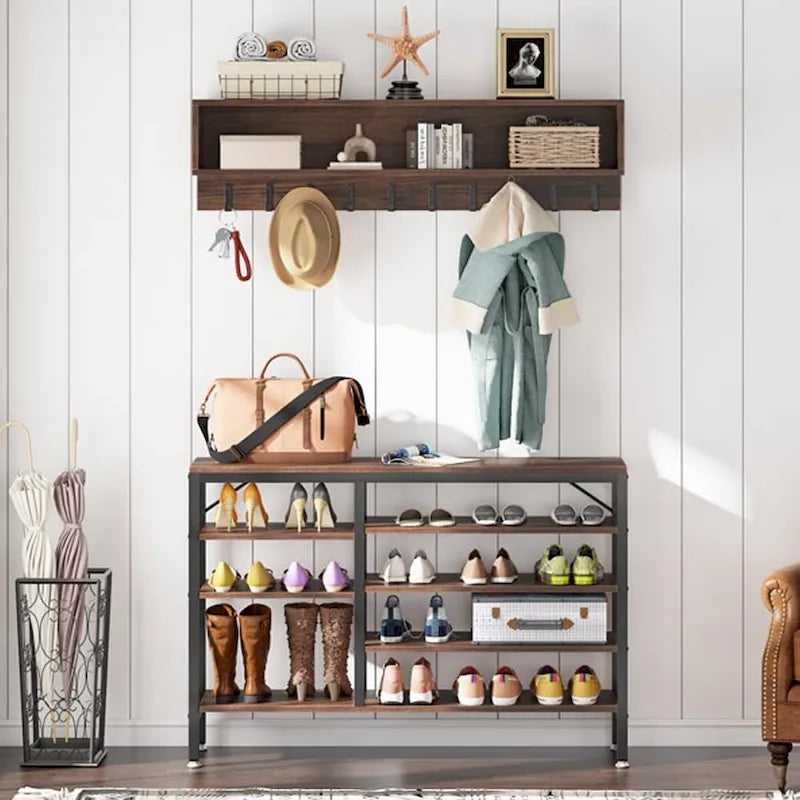 Meuble d'entrée avec porte-manteaux et banc à chaussures, Arbre à chaussures industriel avec porte-manteaux