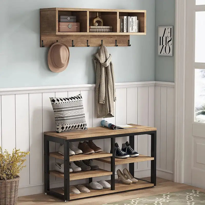 Meuble d'entrée avec porte-manteaux et banc à chaussures, Arbre à chaussures industriel avec porte-manteaux