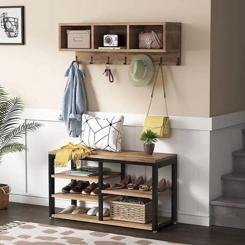 Meuble d'entrée avec porte-manteaux et banc à chaussures, Arbre à chaussures industriel avec porte-manteaux