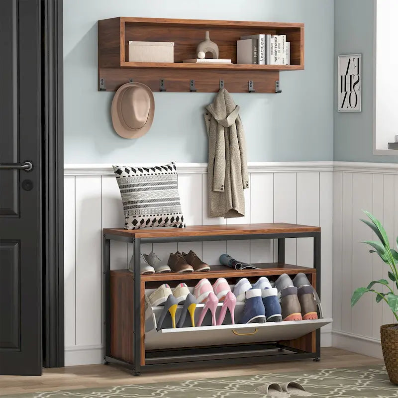 Meuble d'entrée avec porte-manteaux et banc à chaussures, Arbre à chaussures industriel avec porte-manteaux