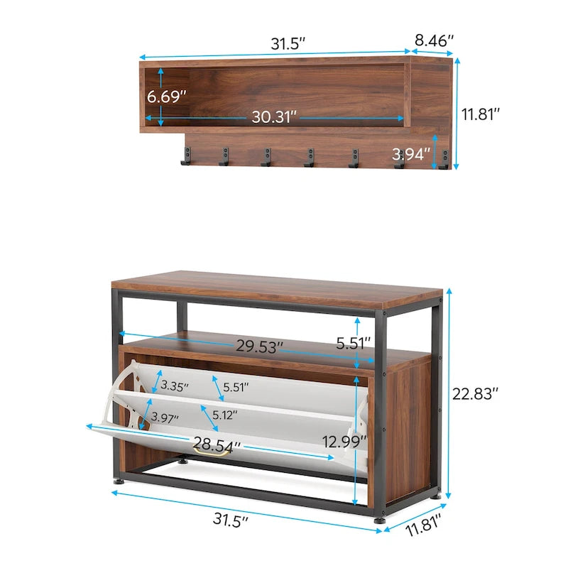 Meuble d'entrée avec porte-manteaux et banc à chaussures, Arbre à chaussures industriel avec porte-manteaux
