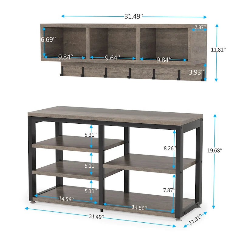 Meuble d'entrée avec porte-manteaux et banc à chaussures, Arbre à chaussures industriel avec porte-manteaux