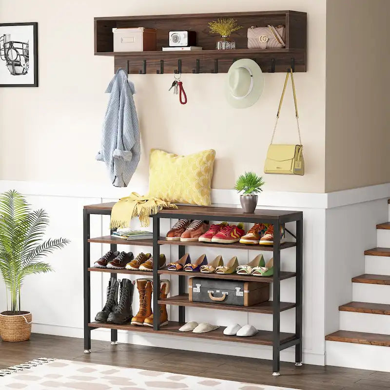 Meuble d'entrée avec porte-manteaux et banc à chaussures, Arbre à chaussures industriel avec porte-manteaux