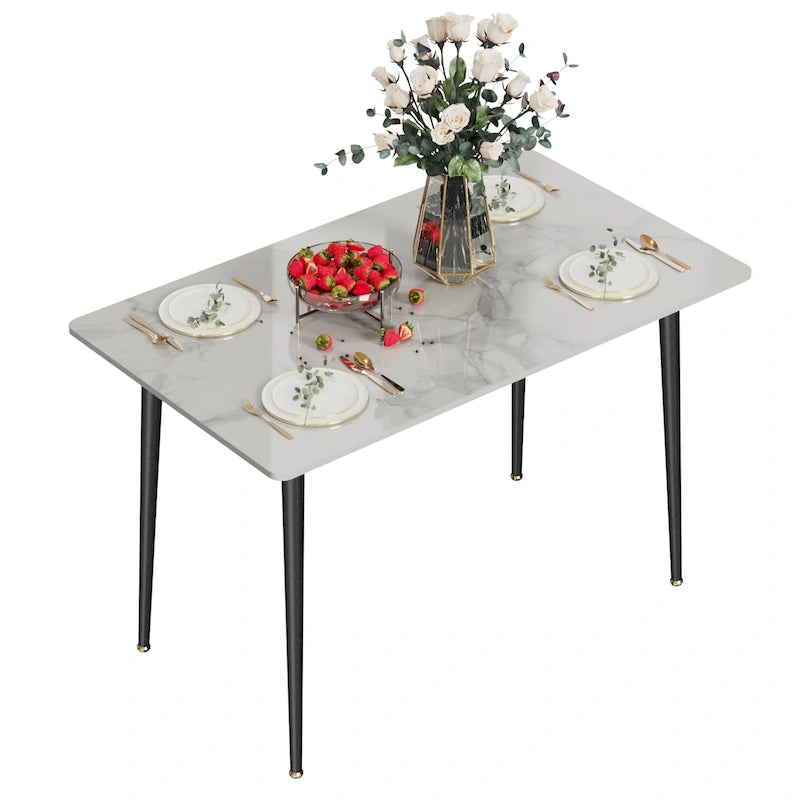 Table de salle à manger de cuisine 6 places, plateau en marbre moderne rectangulaire avec pieds coniques en métal