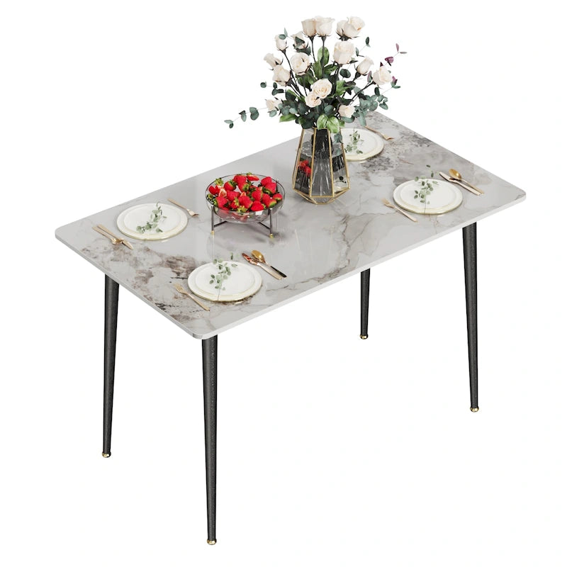Table de salle à manger de cuisine 6 places, plateau en marbre moderne rectangulaire avec pieds coniques en métal