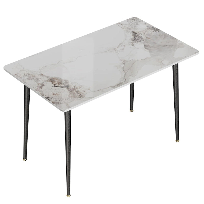 Table de salle à manger de cuisine 6 places, plateau en marbre moderne rectangulaire avec pieds coniques en métal