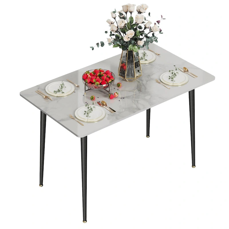 Table de salle à manger de cuisine 6 places, plateau en marbre moderne rectangulaire avec pieds coniques en métal