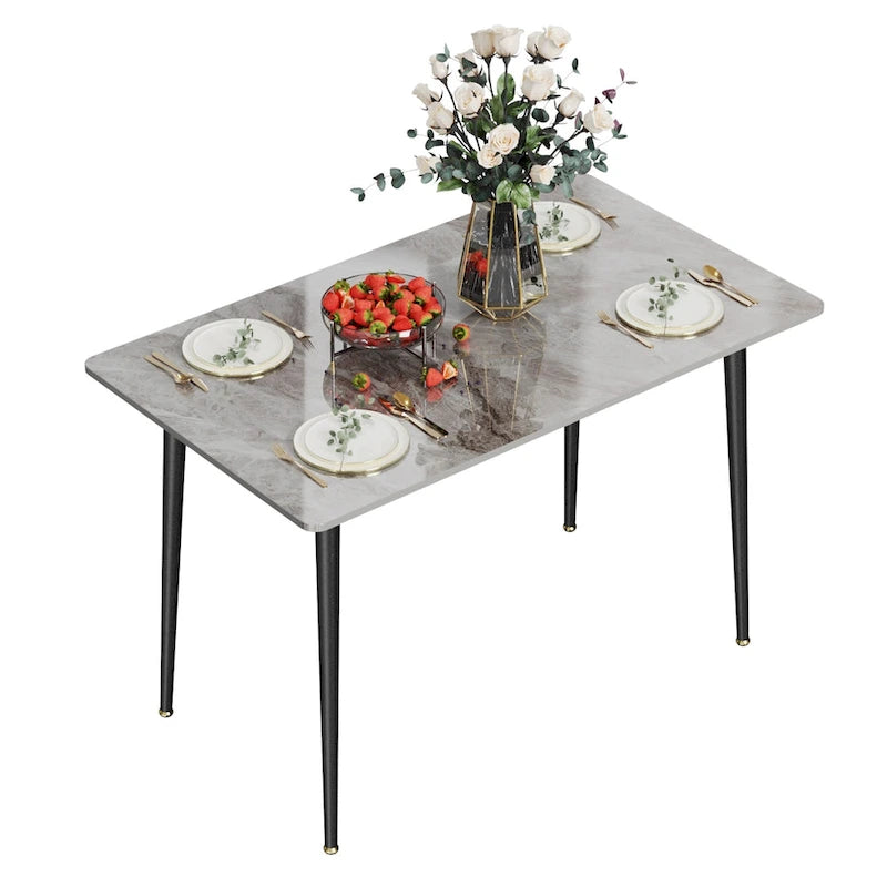 Table de salle à manger de cuisine 6 places, plateau en marbre moderne rectangulaire avec pieds coniques en métal