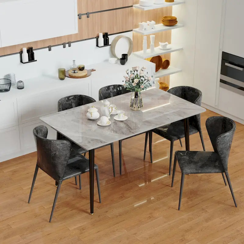 Table de salle à manger de cuisine 6 places, plateau en marbre moderne rectangulaire avec pieds coniques en métal