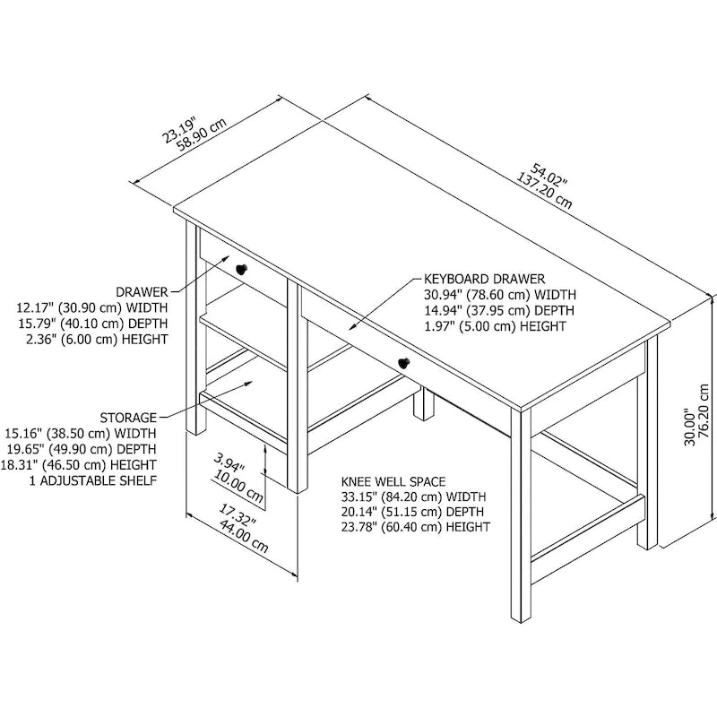 Bureau informatique moderne de 54 po style ferme avec étagères – 1 personne, Gris/Blanc ou Noir/Pin