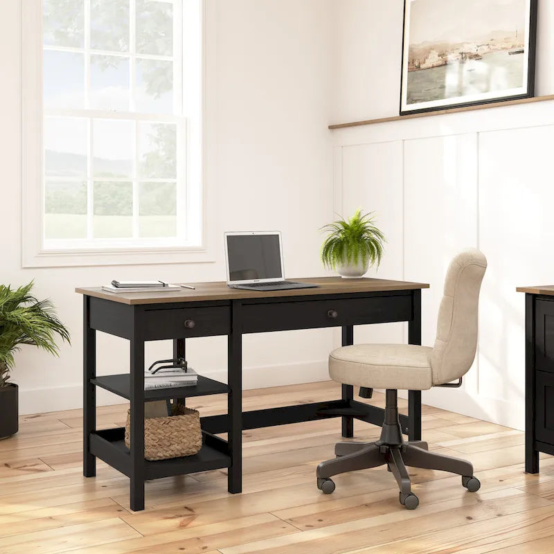 Bureau informatique moderne de 54 po style ferme avec étagères – 1 personne, Gris/Blanc ou Noir/Pin