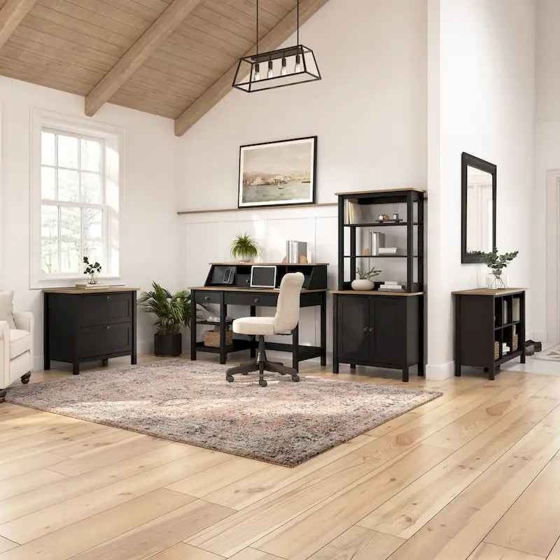 Bureau informatique moderne de 54 po style ferme avec étagères – 1 personne, Gris/Blanc ou Noir/Pin