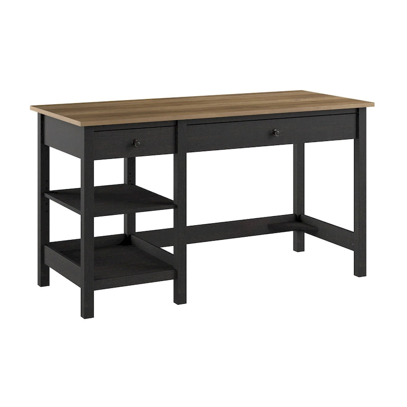 Bureau informatique moderne de 54 po style ferme avec étagères – 1 personne, Gris/Blanc ou Noir/Pin