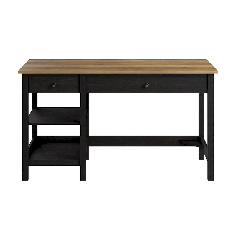 Bureau informatique moderne de 54 po style ferme avec étagères – 1 personne, Gris/Blanc ou Noir/Pin