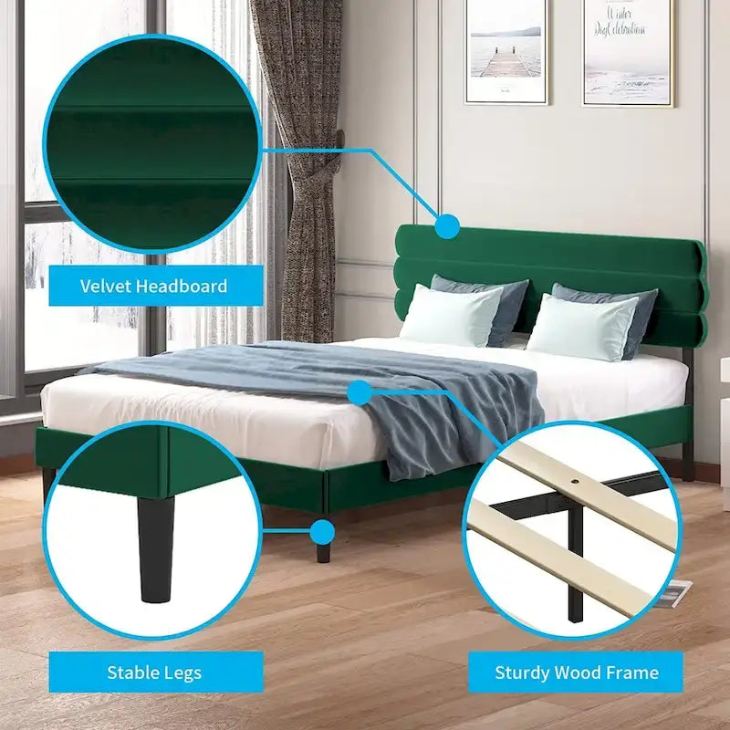 Meubles de chambre à coucher rembourrés en tissu, cadre de lit tapissé avec tête de lit capitonnée en velours