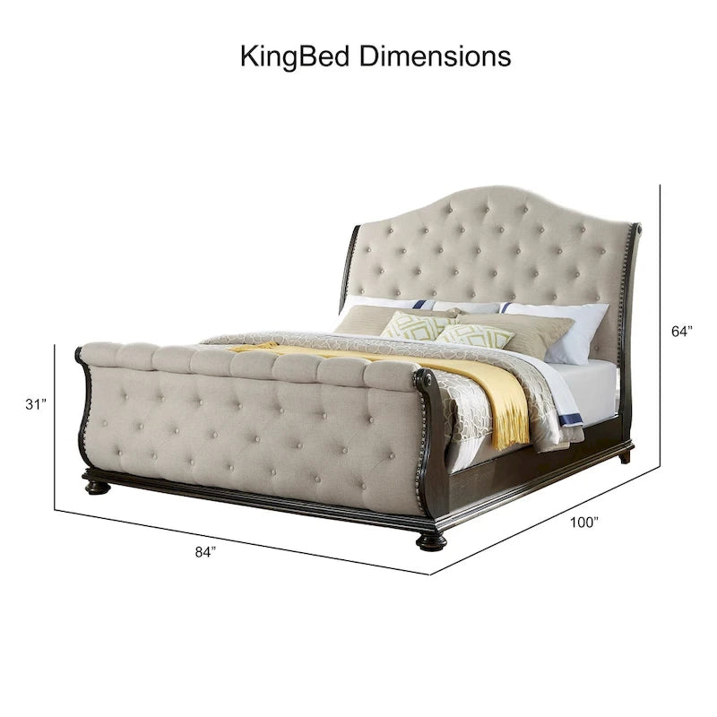 Lit traîneau capitonné en polyester beige – Très grand lit/Grand lit