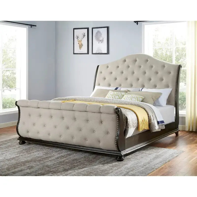 Lit traîneau capitonné en polyester beige – Très grand lit/Grand lit