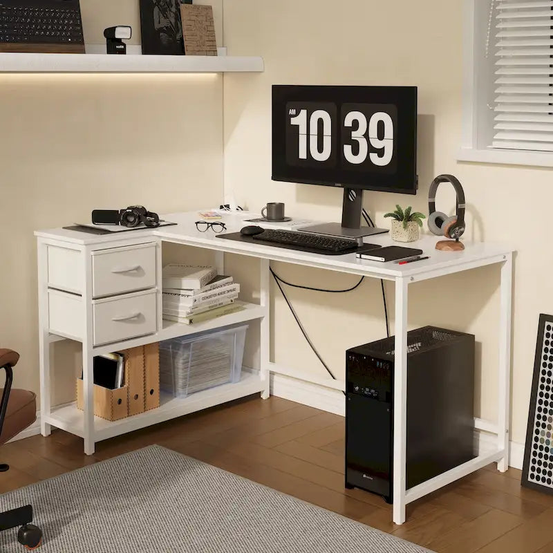 Bureau d'ordinateur en forme de L avec station de charge, bureau d'angle réversible pour PC avec tiroir